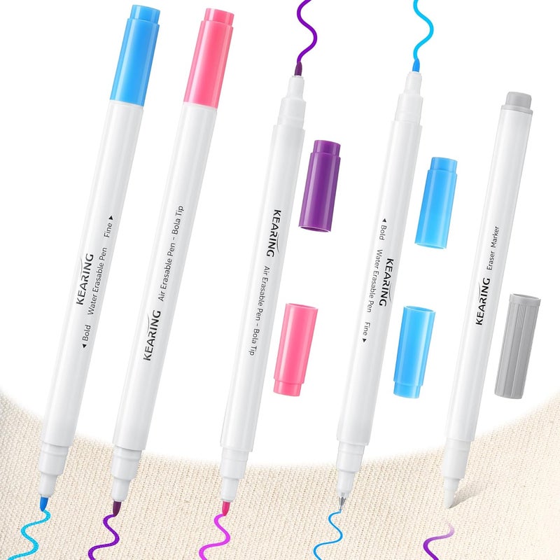 Avenuebool Fabric Markers for Sewing, 5 Count Pack, Includes 2 Water Soluble Fabric Marker 2 Air Erasable Pens 1 Eraser Marker, Disappearing Ink Pen, Sewing Quilting Embroidery Supplies - Image 1
